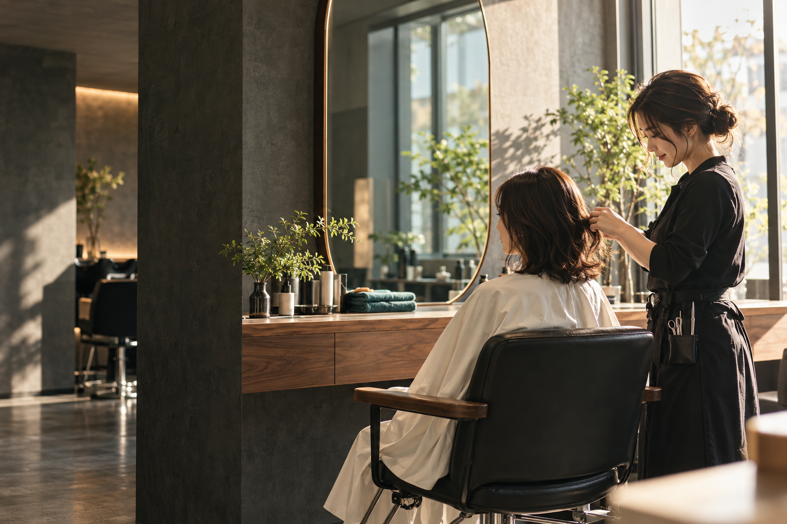 サロンでお客様のヘアスタイルを整えるスタイリストのイメージ